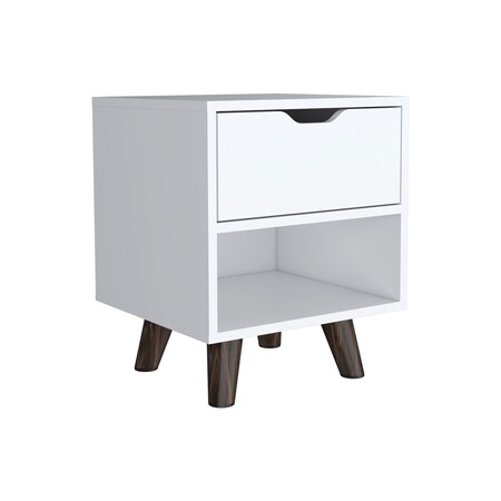 Tuhome Crail Nightstand with 1 Open Storage Shelf. 1 Drawer and Wooden Legs- White MLB9051